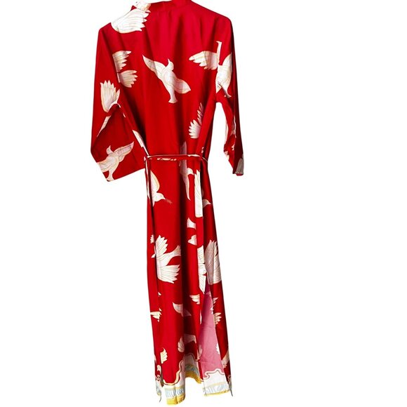 Modaposa Elina 3/4 Sleeve Red Maxi Caftan Dress Detachable Belt & Bird Print - Picture 4 of 5